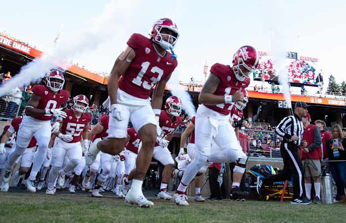 Nov 25, 2023; Stanford, California, USA; Stanford Cardinal players take the field to play the Notre Dame Fighting Irish at Stanford Stadium. Mandatory Credit: D. Ross Cameron-USA TODAY Sports